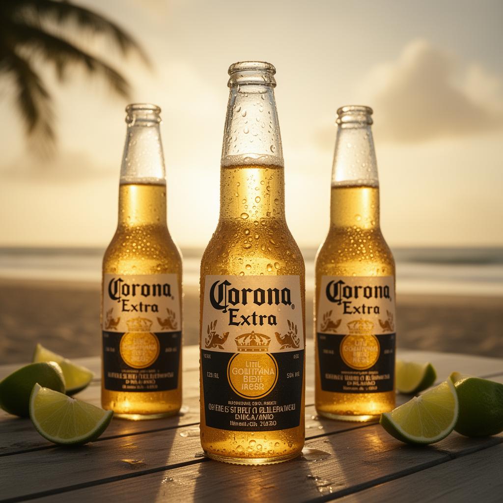 Cold Corona Extra bottles at golden hour