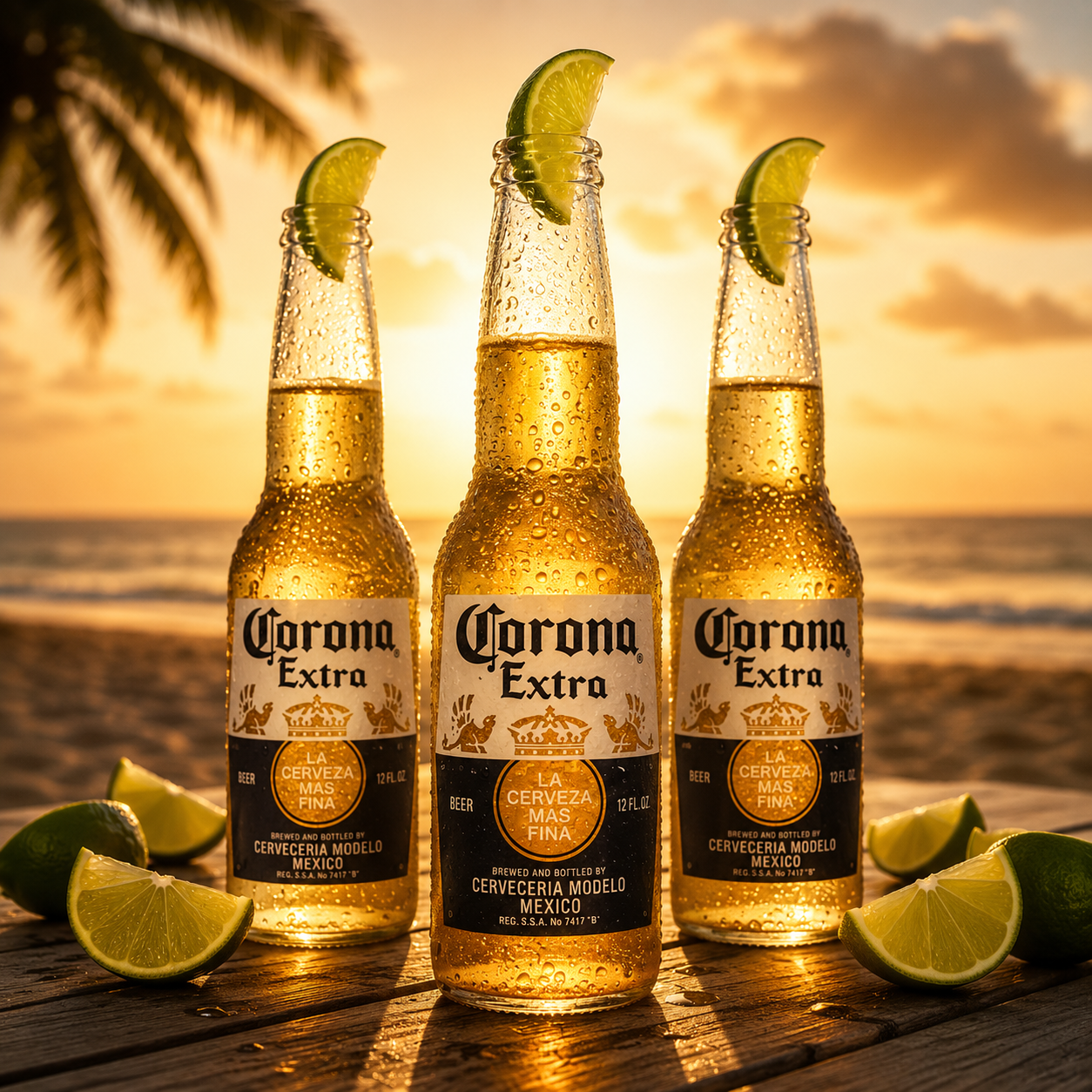 Cold Corona Extra bottles at golden hour